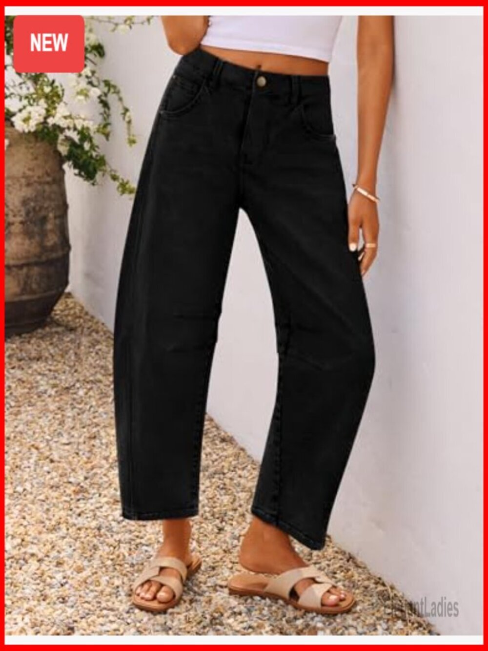 High Waisted Wide Leg Barrel Jeans Stretchy Ankle Pants with Pockets - Picture 3 of 7